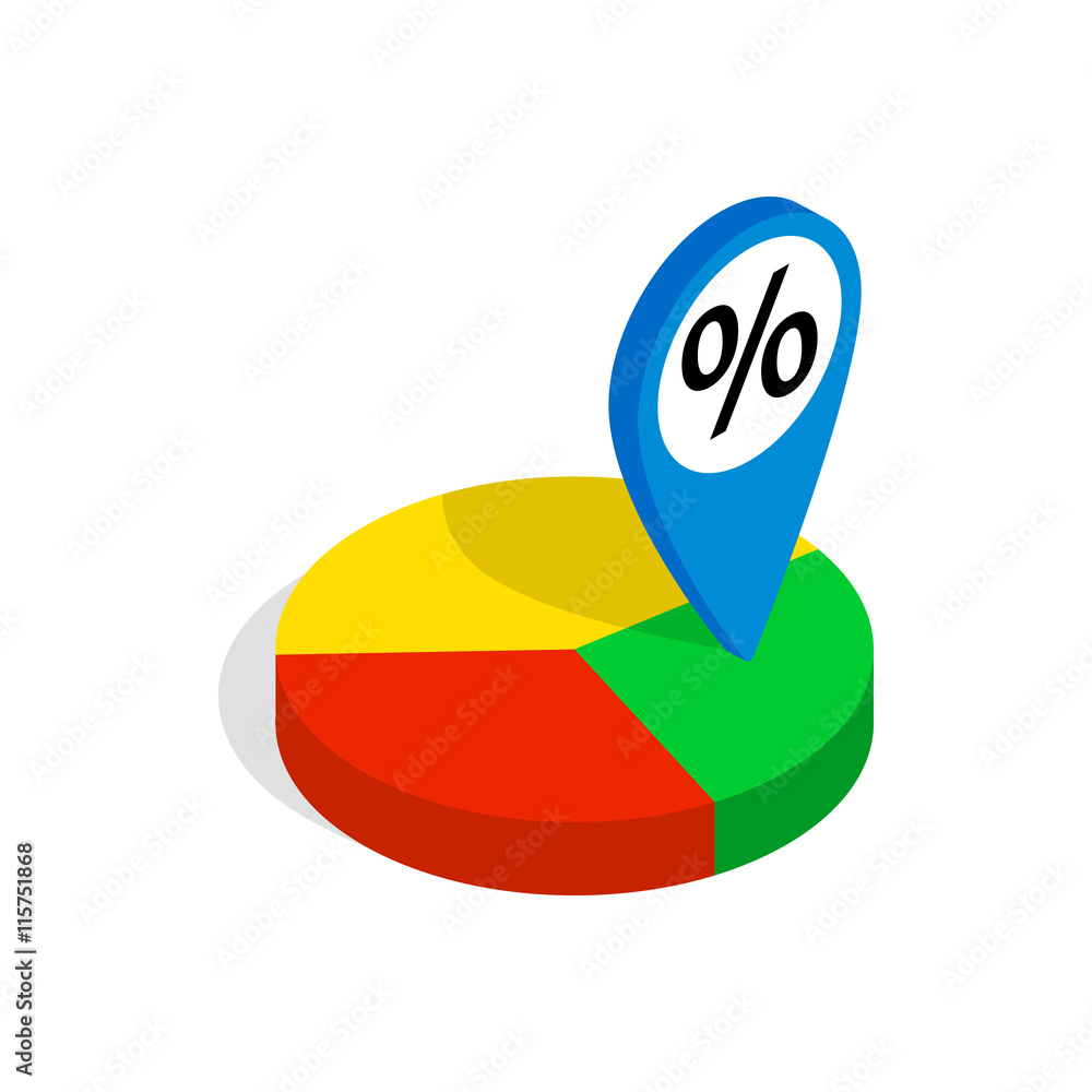 Poster pie chart icon in isometric 3d style isolated on white background. compute symbol