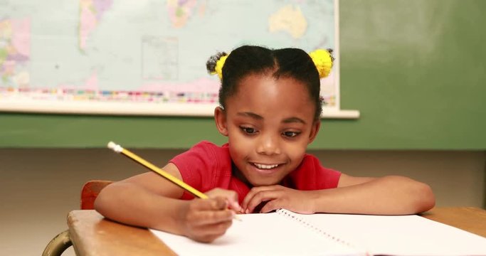 Happy pupil writing in notepad at desk
