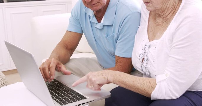 Senior couple using laptop and talking
