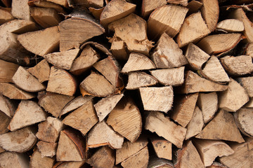 Stacked chopped firewood as background