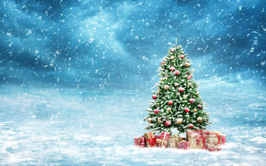Fototapeta na wymiar Dekorativer Weihnachtsbaum im Scneefall