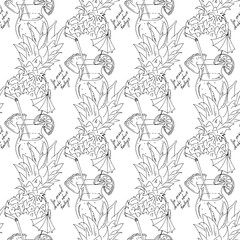 Hand drawing. Illustration of tropical cocktail with umbrella. Seamless pattern. Postcard black and white.