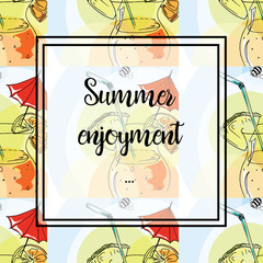 Hand drawing. Illustration of tropical cocktail with umbrella. Seamless pattern. Postcard Summer enjoyment.
