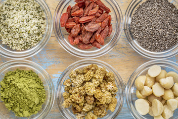 superfood in glass bowls abstract