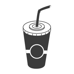Drink on plastic cup with straw in black and white colors, vector illustration graphic.