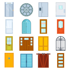 Set of color doors isolated on white. Colorful front doors to houses and buildings set in flat design style isolated. Vector illustration doors isolated modern new decoration open elegant room lock.