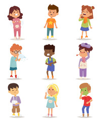 Children sick sickness disease little kids characters set. Flu problem health stick sick children figure pictogram icons. Sad influenza sick children little people hospital resting childcare.