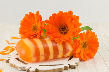 marigold soap with a fresh flower bouquet