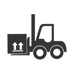 forklift with box in black and white colors, vector illustration graphic.