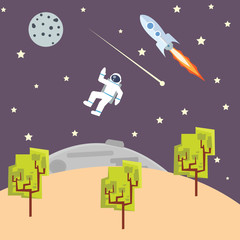 outer space illustration kids style with spaceman rocket -ship