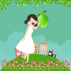 girl cartoon smile happy holding mango fruit with tree branch and leaf around in green field