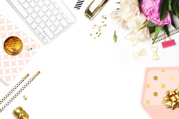 Flower on the table. Keyboard and stapler. Home workplace. Table view. Business accessories. Mock-up background.Peonies