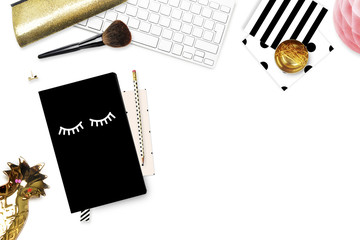 Mock up background, woman desk. Flat lay. Accessories on the table, view top, desk top modern. Notebook and gold stapler. Keyboard with pineapple
