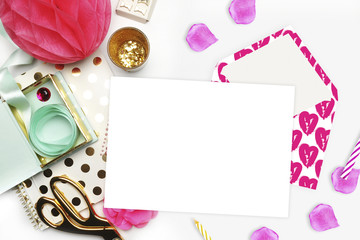 Flat lay. White background. Woman desktop, template card, Mock up for your photo or text Place your work. Gold Polka.
