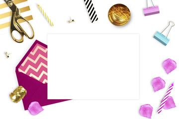 Modern background. Mock-up for your photo or text Place your work. Woman desktop, template card. Header website or Hero website. Flat lay. Open envelope with blank
