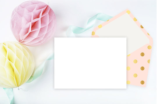 Modern background. Mock-up for your photo or text Place your work. Woman desktop, template card. Header website or Hero website. Flat lay. Open envelope with blank
