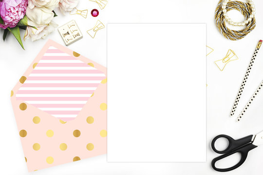Header website or Hero website, Table view office items, white background mock up, woman desk. Polka gold pattern and blush stripe