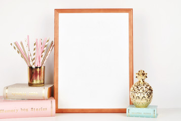 wooden picture frame with decorations. Mock up for your photo or text Place your work, print...