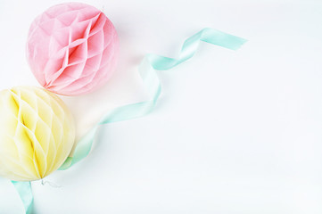 Paper colorful balls. Table view and mock up background. Wedding invitation