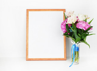 Wood frame | Stock photography | Mock up wall art | Gold and peonies in a vase | Style photography