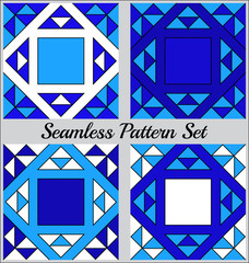 Set of 4 modern geometric seamless patterns with triangles and squares of blue and white shades
