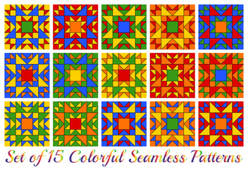 Set of 15 contemporary rainbow geometric seamless patterns with triangles and squares of red, blue, green, orange and yellow shades