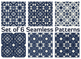 Set of 6 fashionable geometric seamless patterns with triangles and squares of blue grey shades