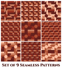 Set of 9 trendy geometric seamless patterns with windmill, circle, rectangle, square and triangle shapes of beige and brown shades