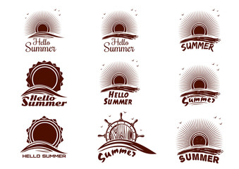Sun and sea icons set. Icon collection for summer theme. Sun, sea wave, ocean, seagulls, ship's wheel. Vector illustration