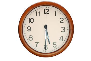 Vintage circle clock wooden frame isolate on white background