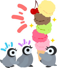 The pretty penguin babies and a very big ice cream