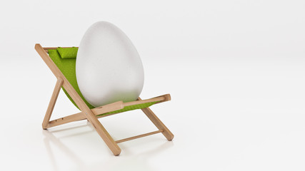 egg with lay down on summer beach chair isolated on white,abstract background for Easter holiday concept. 3d rendering