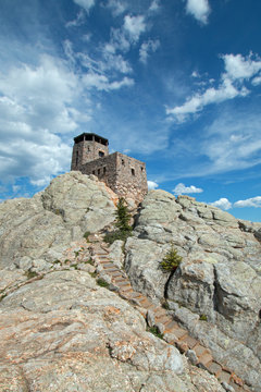 Harney Peak Fire Lookout Tower with stone step trail in Custer State Park in the Black Hills of South Dakota USA