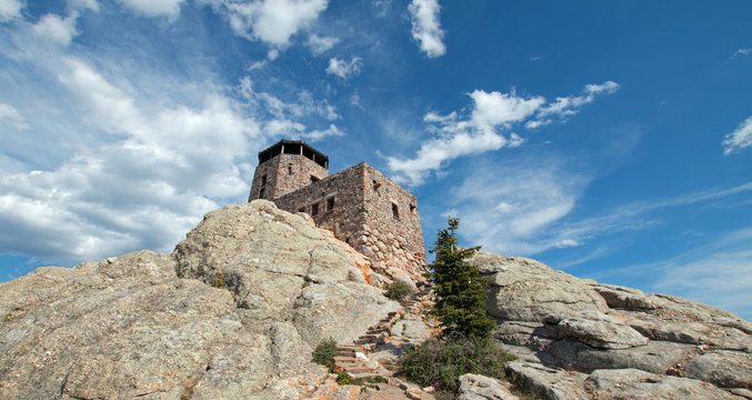 Harney Peak Fire Lookout Tower and stone step pathway in Custer State Park in the Black Hills of South Dakota USA