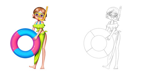 Princess 22: The Diver Princess with a Swimming Ring. Coloring Book, Outline Sketch, Human Character Design isolated on White Background
