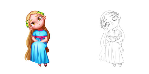 Princess 23: The Young Princess, also an Adorable Girl. Coloring Book, Outline Sketch, Human Character Design isolated on White Background
