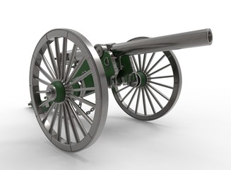Fototapeta premium 3d illustration of civil war cannon. white background isolated. murder weapon. explosive shot. field artillery