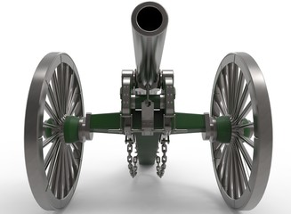 3d illustration of civil war cannon. white background isolated. murder weapon. explosive shot. field artillery