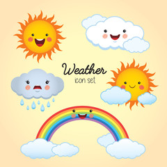 Weather icon set. Sunny, cloudy, rainy, partly cloudy and rainbow cartoon character. Vector illustration.