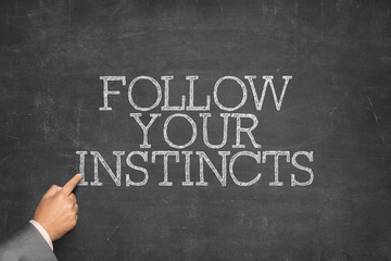 Follow Your Instincts text on blackboard with businessman hand pointing