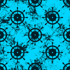 Vector seamless pattern with icons of steering wheel. Creative geometric blue grunge background, nautical theme. Texture with cracks, ambrosia, scratches, attrition. Graphic illustration.