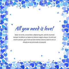 Cute template with many blue hearts, square illustration