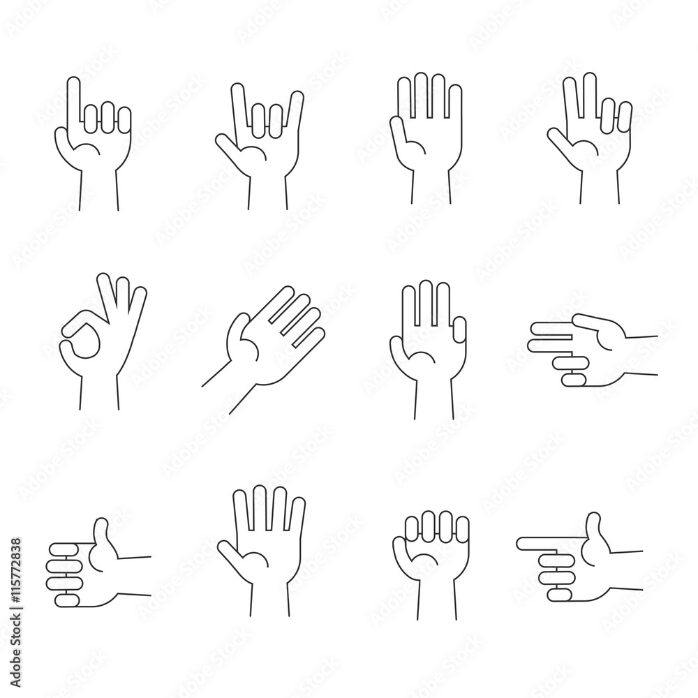 Poster hands line vector icons set. human hands gesture and illustration pointer and direction hand