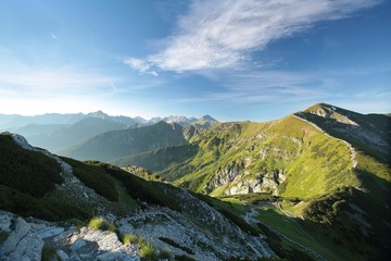 Panorama of Carpathian Mountains on a sunny spring morning, Poland