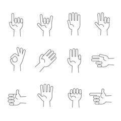 Hands line vector icons set. Human hands gesture and illustration pointer and direction hand