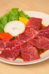 high quality premium Fresh Beef slices on white plate korean grilled menu