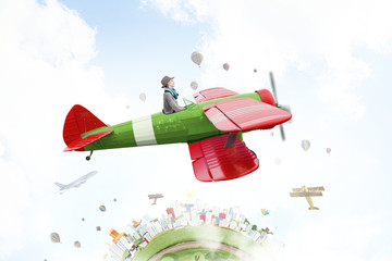 Girl flying old plane . Mixed media