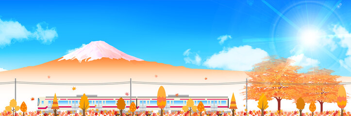 紅葉　電車　富士山　背景