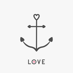 Anchor line icon in shapes of heart. Nautical sign symbol. Love greeteng card. Ship anchor. Isolated White background. Flat design