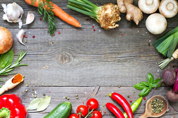 Menu food culinary frame concept on vintage wooden background
